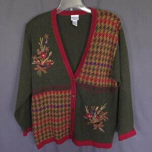 Vintage‎ Napa Valley Cardigan Size Large Fall Houndstooth Floral Embroidered